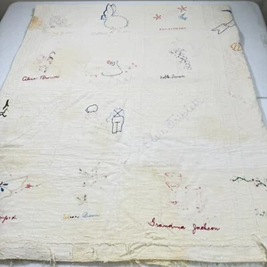 vtg friendship patchwork quilt full embroidered names of makers feed sack cotton - Picture 1 of 19