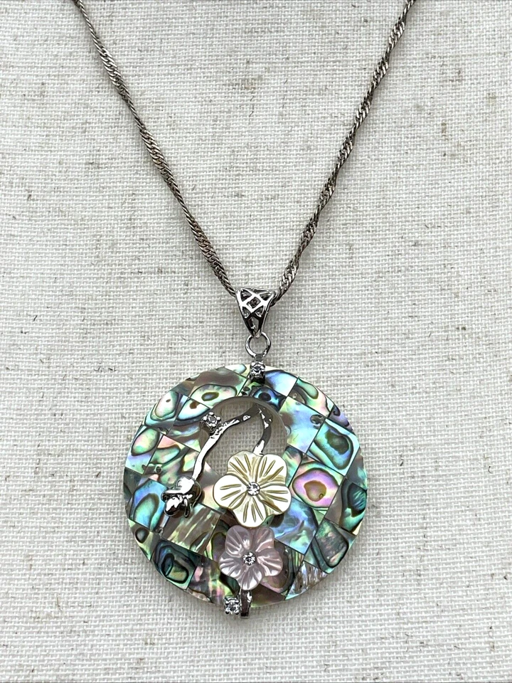 Collar Lee Sands Abulón Madreperla Floral Plata Colgante 19" Collar Foto 1 de 4