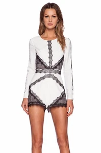 NBD Entrapment Romper Ivory Black Lace Long Sleeve Playsuit Size XS - Picture 1 of 3