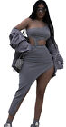 XLLAIS Rib Knit Pullover Sweater Top Long Skirt 2 Piece Medium Grey