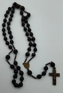 Vintage Rosary Catholic Religious Dark Brown Wood Carved Brass - Picture 1 of 4
