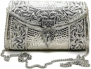 silver brass metal floral design embossed hammered Metal bag women Bridal Clutch - Picture 1 of 7
