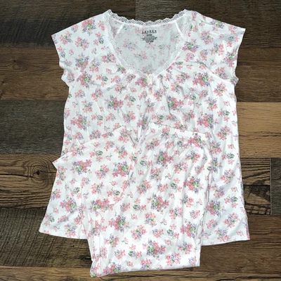 NWT Lauren Ralph Lauren Sz. S Floral Lace Cotton Knit Crop PJ Set Pants & Top - Image 1 of 4