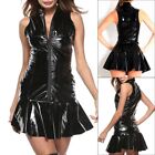 Black Wetlook Shiny Dress Women's Pleated PVC Leather Clubwear with Zip Detail