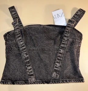 Zara schwarz Denim Bustier Korsett Cropped Top verstellbare Träger Reißverschluss elastisch Neu mit Etikett - Bild 1 von 18