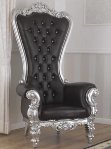 Poltrona Regina stile Barocco Moderno trono foglia argento ecopelle nera bott... - Foto 1 di 4