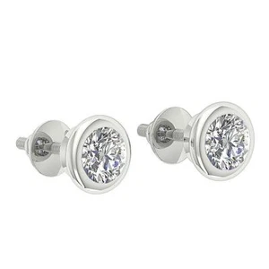 Solitaire Stud Donut Bezel Set SI2 H 1.00Ct Round Diamond 14K White Gold 7.00 mm - Picture 1 of 6