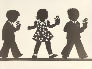 Vtg 1950s Gedge Harmon Silhouettes Poster Print, Kids Carrying Flowers 17x23 - Bild 1 von 7