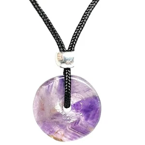 Amethyst Donut Pendant Necklace Crystal Protection Gemstone Cord Bead Jewellery - Picture 1 of 18