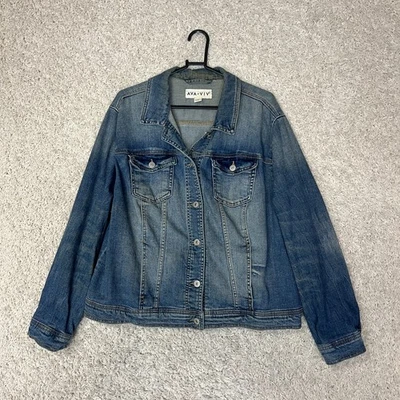 Ava & Viv 牛仔夹克女式 1X 蓝色牛仔裤卡车司机波西米亚节日音乐会休闲 — 第 1/4 张图片
