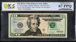 $20 2017-A FRN  HIGH GRADE BINARY RADAR 599-55-995 PCGS Superb Gem Unc 67PPQ  - Picture 1 of 2