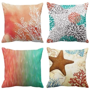 Set of 4 Throw Pillow Covers Watercolor Beach Coral Blue Aqua Orange and Whit... - Picture 1 of 6