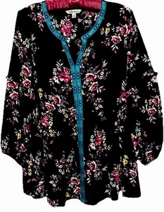 Pioneer Woman Top L neu Blumenmuster seidig Popover Bauernhemd Bluse Größe Large neu mit Etikett - Bild 1 von 8