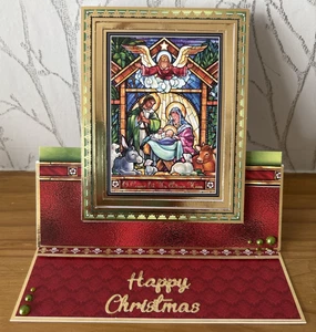 Handmade 7"x7" Mary Joseph & Baby Jesus Stable Scene Christmas Easel Card - Picture 1 of 5