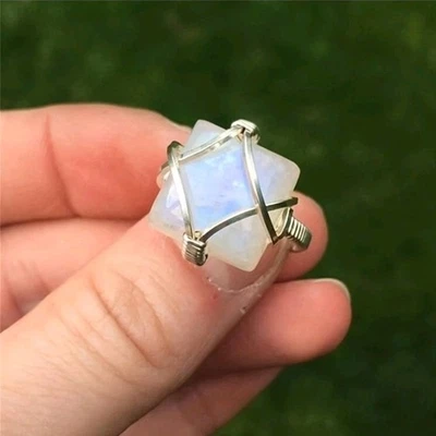Silver Plated Zinc White Moonstone Opal Ring Criss Cross Pattern Size 7 - Image 1 of 2