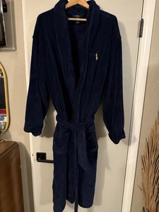 Polo Ralph Lauren Men’s Bath Robe Blue Plush Belted Robe L/XL Red Pony - Picture 1 of 8