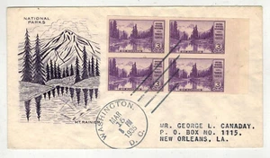 1935 GRIMSLAND FDC 758 MOUNT RAINIER NAT. PARK IMPERFORATE SELVAGE BLOCK OF 4 - Picture 1 of 1