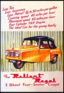 Modern Postcard: 3-Wheeler Reliant Regal Car - Retro Advert. Free Postage - Picture 1 of 1