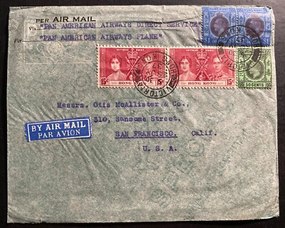 1937 Hong Kong Primer Vuelo Cubierta FFC a San Francisco CA EE. UU. Panamericano Foto 1 de 2