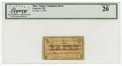 1863 3c Thomas Stuart, Columbian Hotel - Concord NEW HAMPSHIRE Note Legacy VF 20 - Image 1 of 3