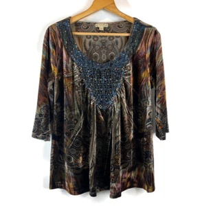 Energe World Wear Womens Tunic Top Size 1X Brown Velvet Crochet Studded Neckline - Picture 1 of 10