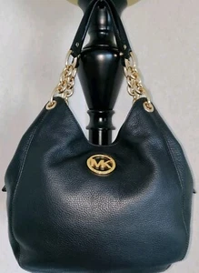 Auth💥EUC💥Michael Kors Fulton Chain Med Black Pbld Lthr Triple Entry Shldr/Tote - Picture 1 of 24