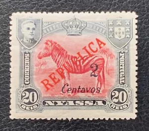 1921 NYASSA PORTUGAL 2C ON 20R BLACK CARMINE LAKE ZEBRA REPUBLICA OVPT OGLH VF - Picture 1 of 2