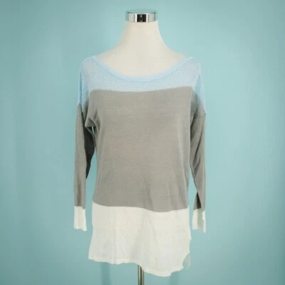 Pure Amici Size XS Blue White Gray Colorblock Open Knit Boat Neck Linen Sweater Foto 1 de 4