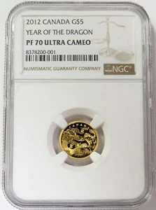 2012 GOLD CANADA $5 LUNAR YEAR OF THE DRAGON 1/10 OZ NGC PROOF 70 ULTRA CAMEO - Picture 1 of 2