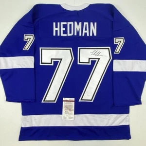 Autographed/Signed Victor Hedman Tampa Bay Blue Hockey Jersey JSA COA - Picture 1 of 4