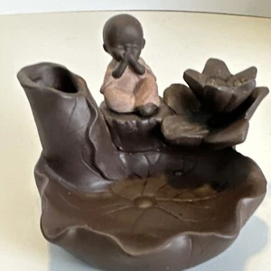 Ceramic Backflow Incense Burner Monk Brown 3” Tall - Picture 1 of 14
