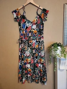 Next Mediterranean Print Fit And Flare Dress Belted Size 10 Cold Sholder Summer - Picture 1 of 8