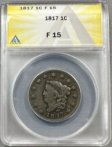 1817 Coronet Head Large Cent 1c - ANACS F15 - Mouse Variety - 13 Stars Cover