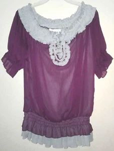 Charlotte Russe Purple and Gray Women Short Sleeve Blouse Shirt Top Size Medium - Picture 1 of 2