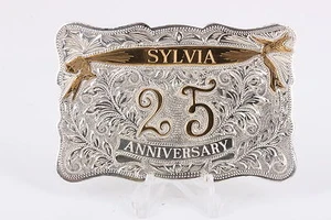 RICARDO TWO TONE STERLING SILVER "SYLVIA 25 ANNIVERSARY" BELT BUCKLE 0298 - Picture 1 of 2