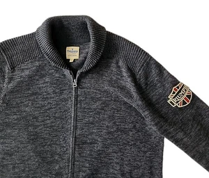 VTG Lucky Brand XL Triumph Motorcycle Embroidered Knit Full Zip Sweater Charcoal - Picture 1 of 12