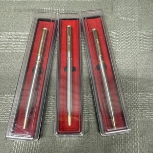 3 Vintage Day-Timer Stainless Steel Ballpoint Pens, Blue Ink w Cases New - Picture 1 of 11