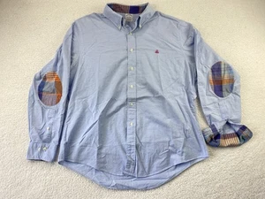 Brooks Brothers Mens Shirt XL Blue Cotton Oxford Button Down Plaid Elbow Patches - Picture 1 of 7