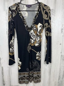 Halebob black Floral dress V-Neck Jewels 100% silk Bell Sleeve XS Silky - Picture 1 of 11