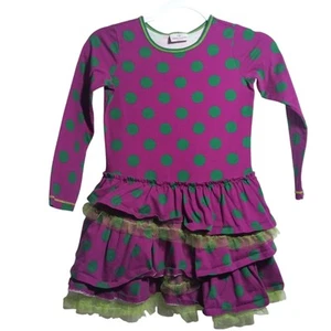 HANNA ANDERSSON Purple Green Polka Dot Layered Ruffle Long Sleeve Dress Size 10 - Picture 1 of 9