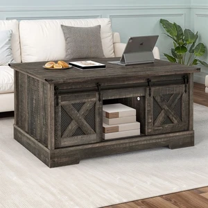 47" Farmhouse Coffee Table with Storage & Sliding Doors Lift Top Cocktail Table - Picture 1 of 11