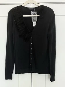 Daisy Fuentes Medium Black Cardigan Sweater V-Neck Ruffle Applique - Picture 1 of 3