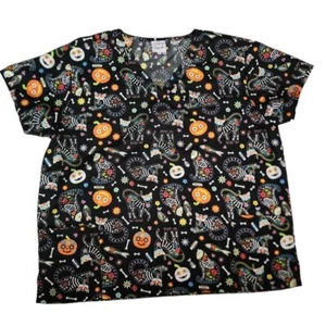 Luv Scrubs Women's Halloween Cartoon Print V-Neck Scrub Shirt Top Plus Size 2X - Picture 1 of 10