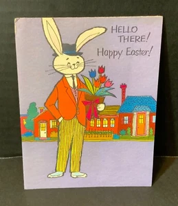 VTG Laurel Easter Card Anthropomorphic Dapper Bunny Man With Pot of Tulips Hello - Picture 1 of 3