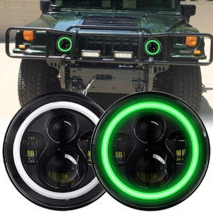 Pair 7'' INCH Round LED Headlights Green DRL Amber Turn Light for Hummer H1 H2 - Foto 1 di 9