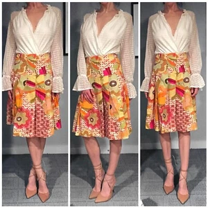 Hartford Linen Retro Print Floral Pleated Knee Length Skirt Size 1 - Picture 1 of 6