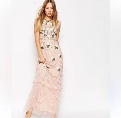 Vestido largo rubor rosa rubor con lentejuelas florales de aguja e hilo UK10 US6 Foto 1 de 4