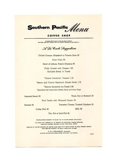 ORIGINAL Menu SOUTHERN PACIFIC COFFEE SHOP Car Railroad 1967 - Picture 1 of 1