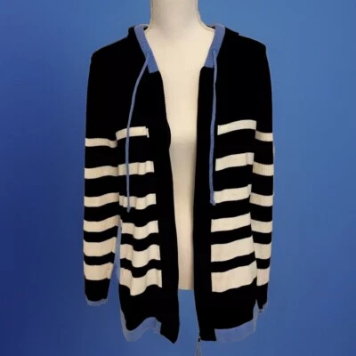 Cardigã com capuz Coldwater Creek listrado preto branco algodão tamanho M zíper frontal - Imagem 1 de 4