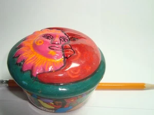 Mexican Folk Art Red Clay Pottery Hand Painted Moon Sun Trinket Box Mexico - Picture 1 of 7